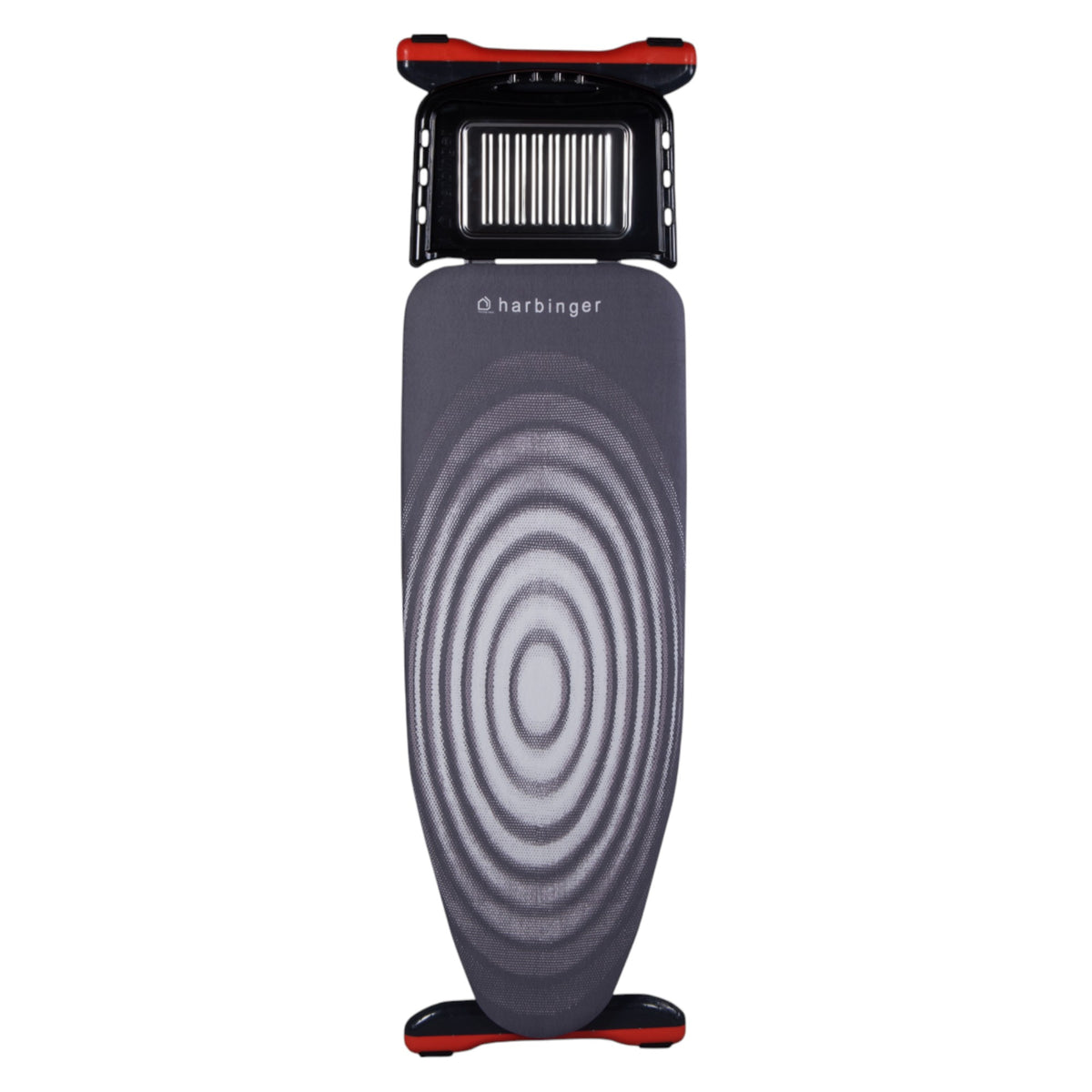 Folded ironing board with a grey spiral cover and steam generator holder