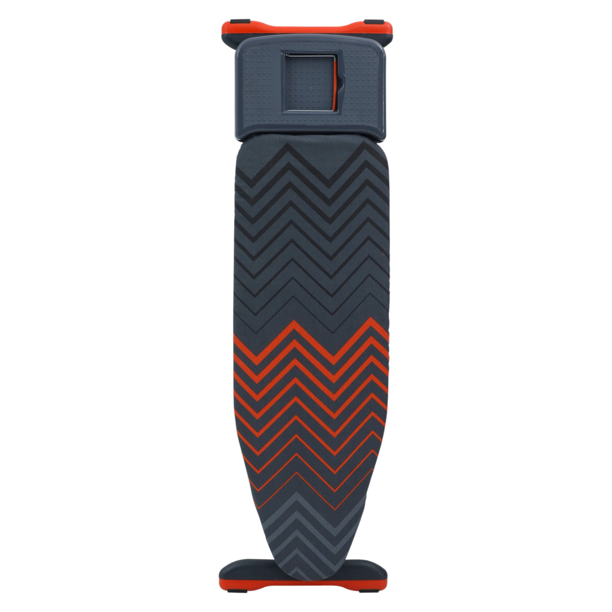 Folded ironing board with a grey and red chevron cover and integrated iron rest