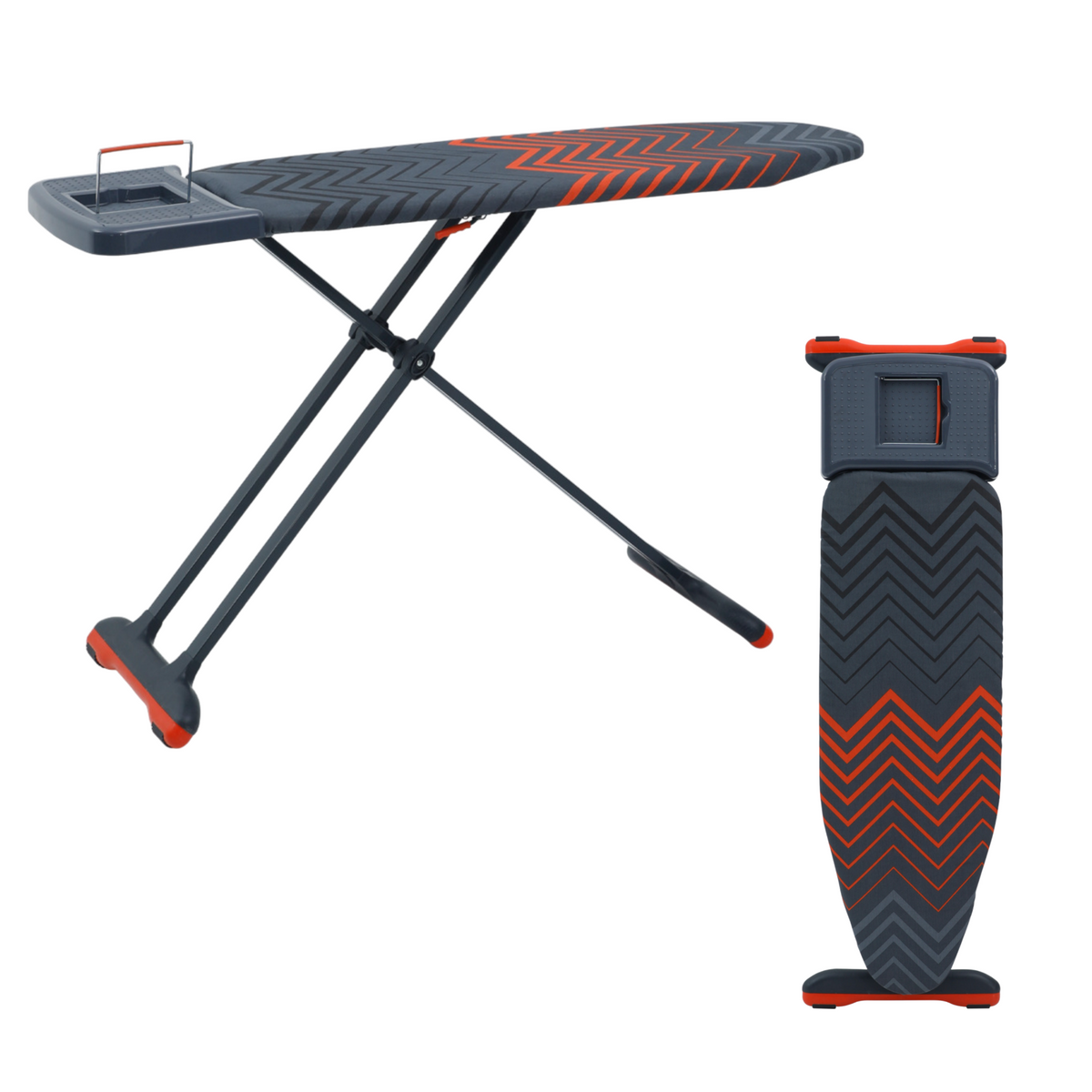 Grey and red chevron ironing board shown open and folded