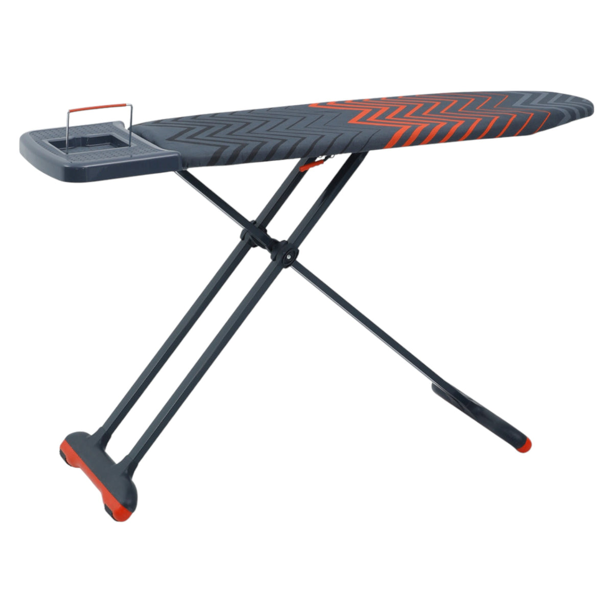 Open ironing board with a chevron cover, metal iron rest and crossed legs