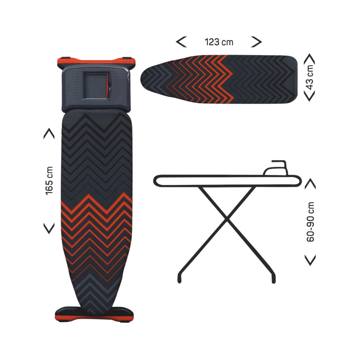 Dimension diagram of the 125 x 45cm ironing board shown open and folded
