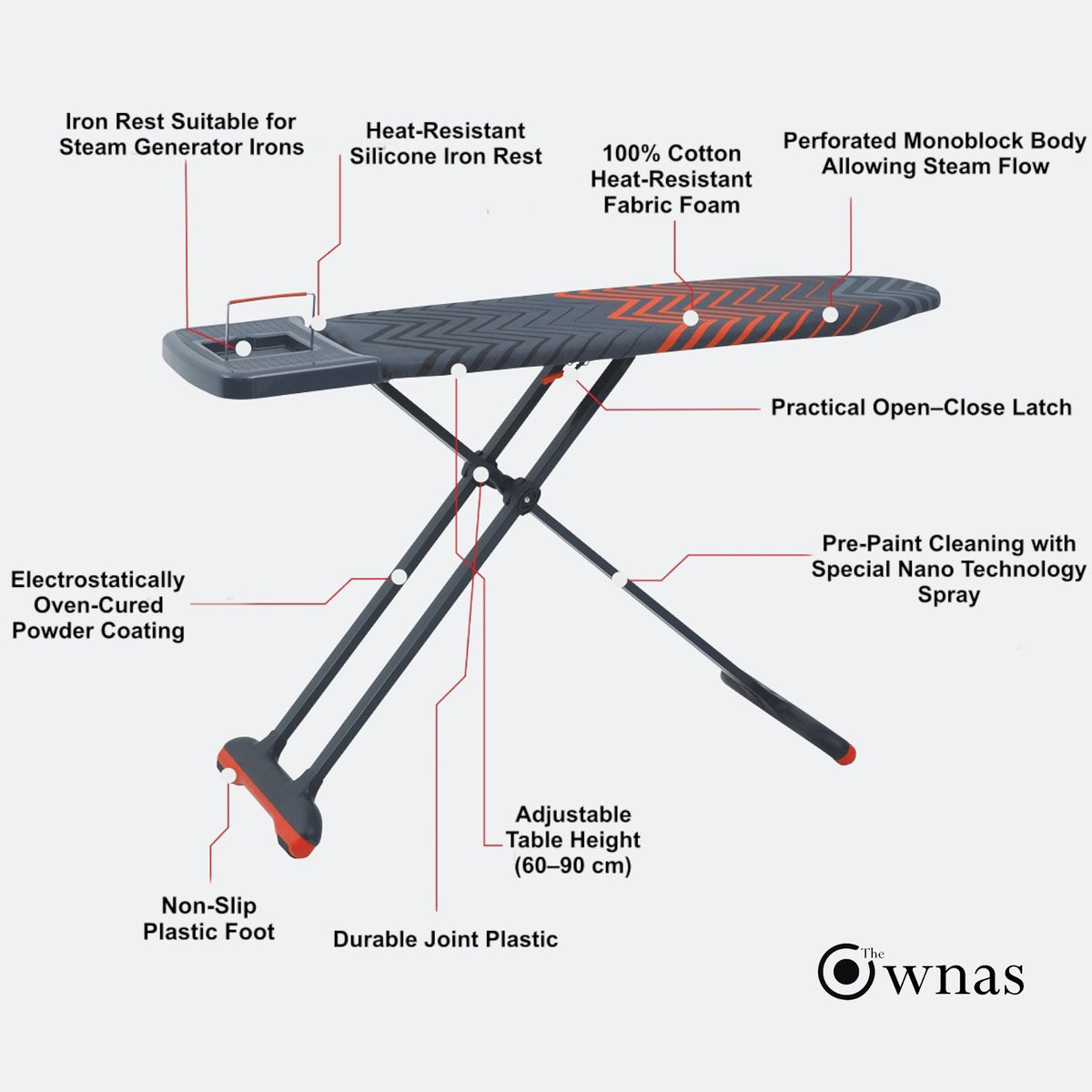 Ironing board diagram identifying the iron rest, frame, cover, feet and height adjustment