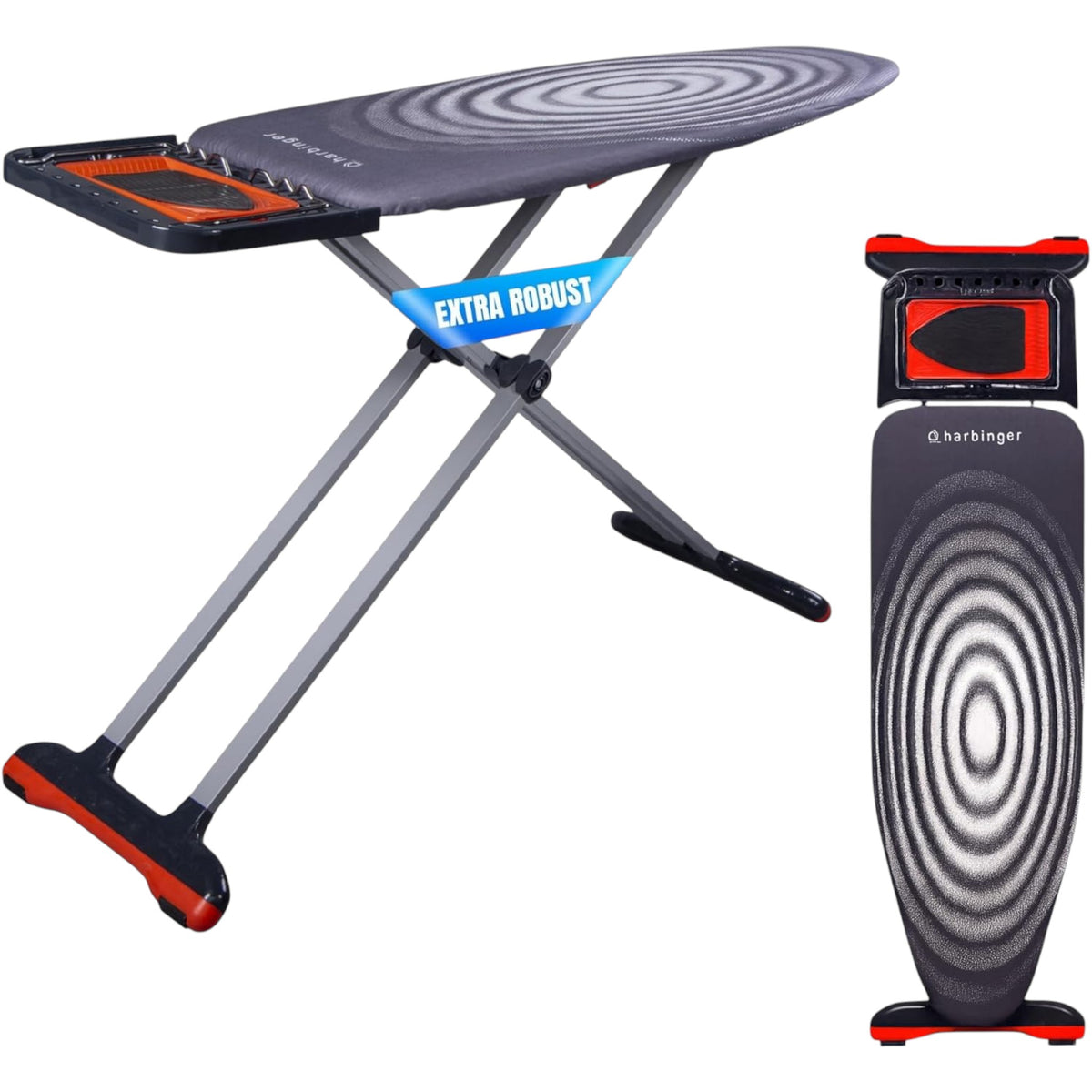 Extra-wide ironing board with a grey spiral cover and red accents, shown open and folded