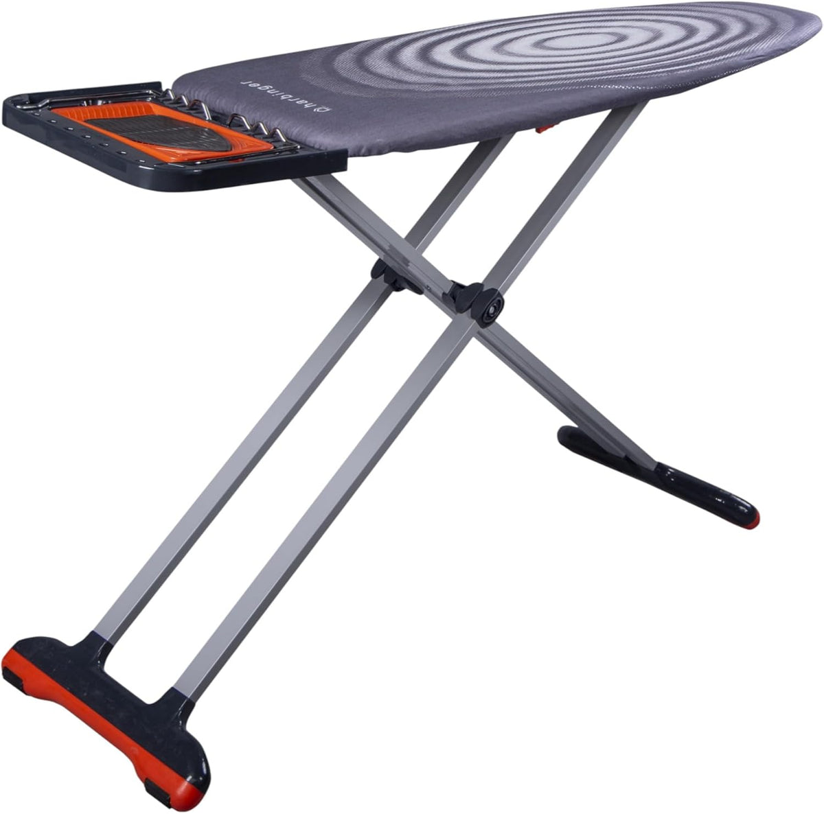Open XL ironing board with a grey spiral cover, iron rest and crossed metal legs