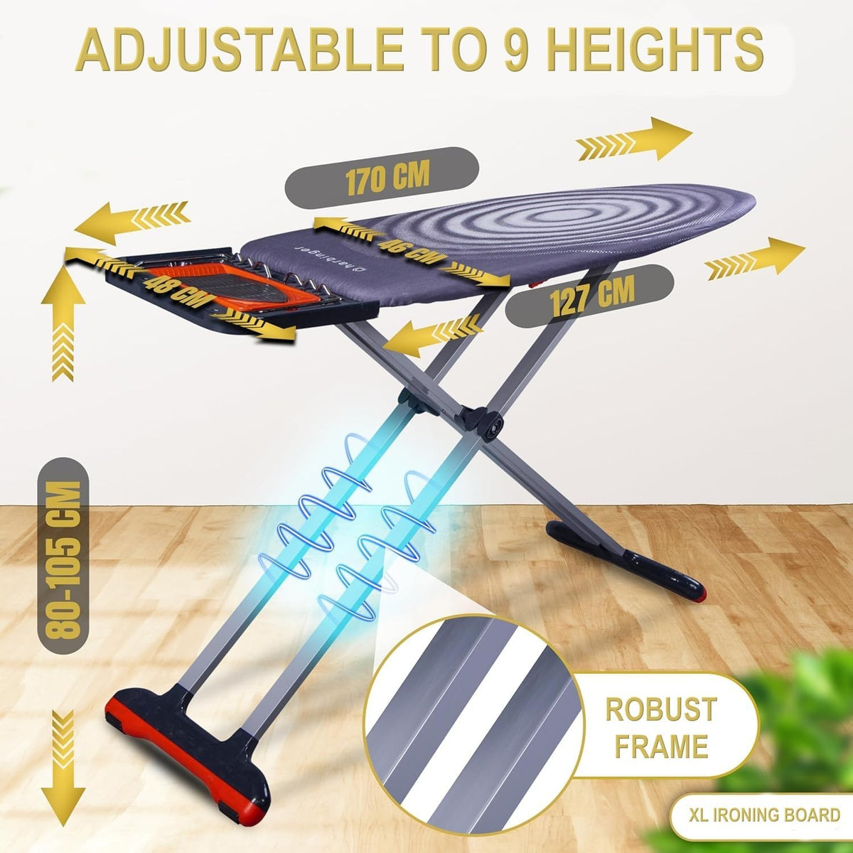 XL ironing board dimension and height-adjustment infographic