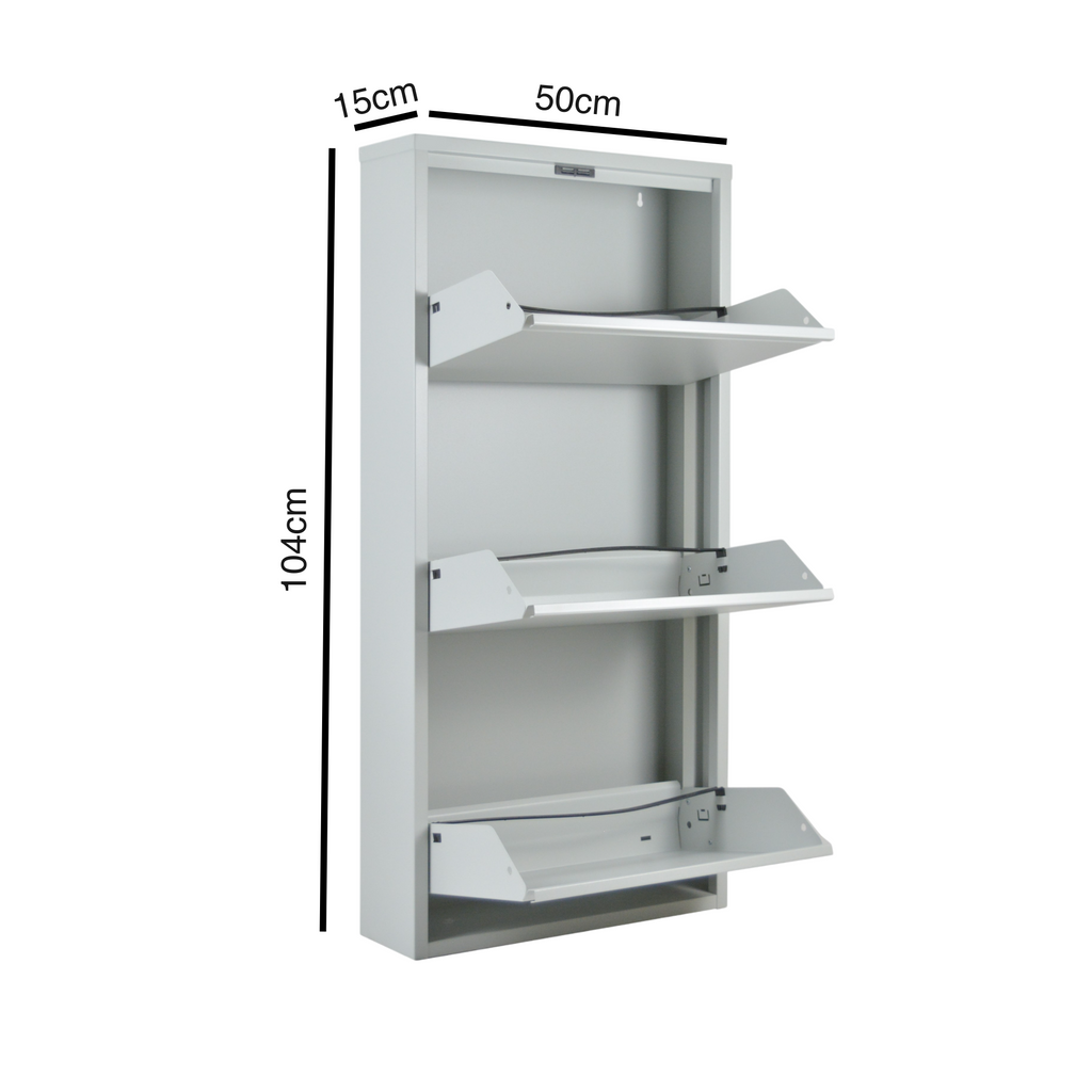 Slim Metal Shoe Cabinet Grey – Compact 3-Tier Shoe Rack for Space-Saving Storage