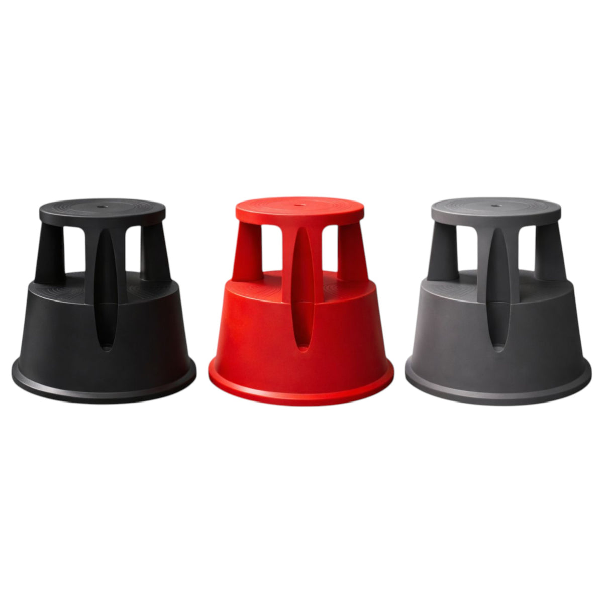 Rolling kick step stools in black, red and grey