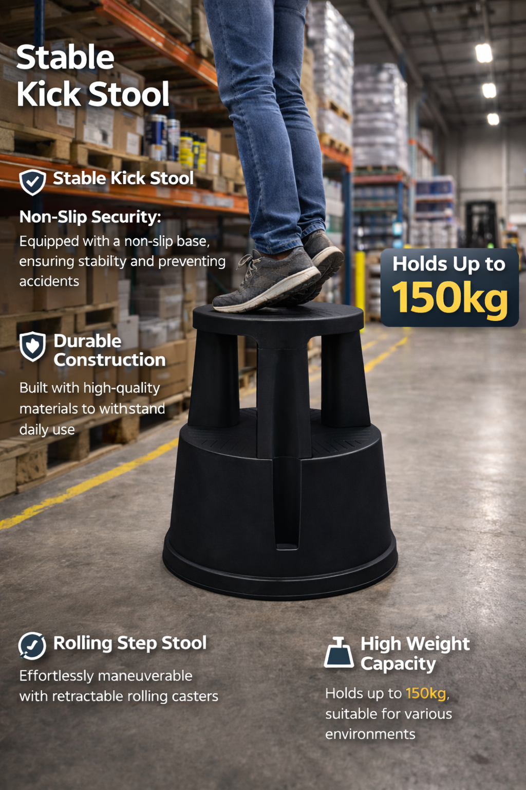Person standing on a black kick step stool in a warehouse with feature callouts