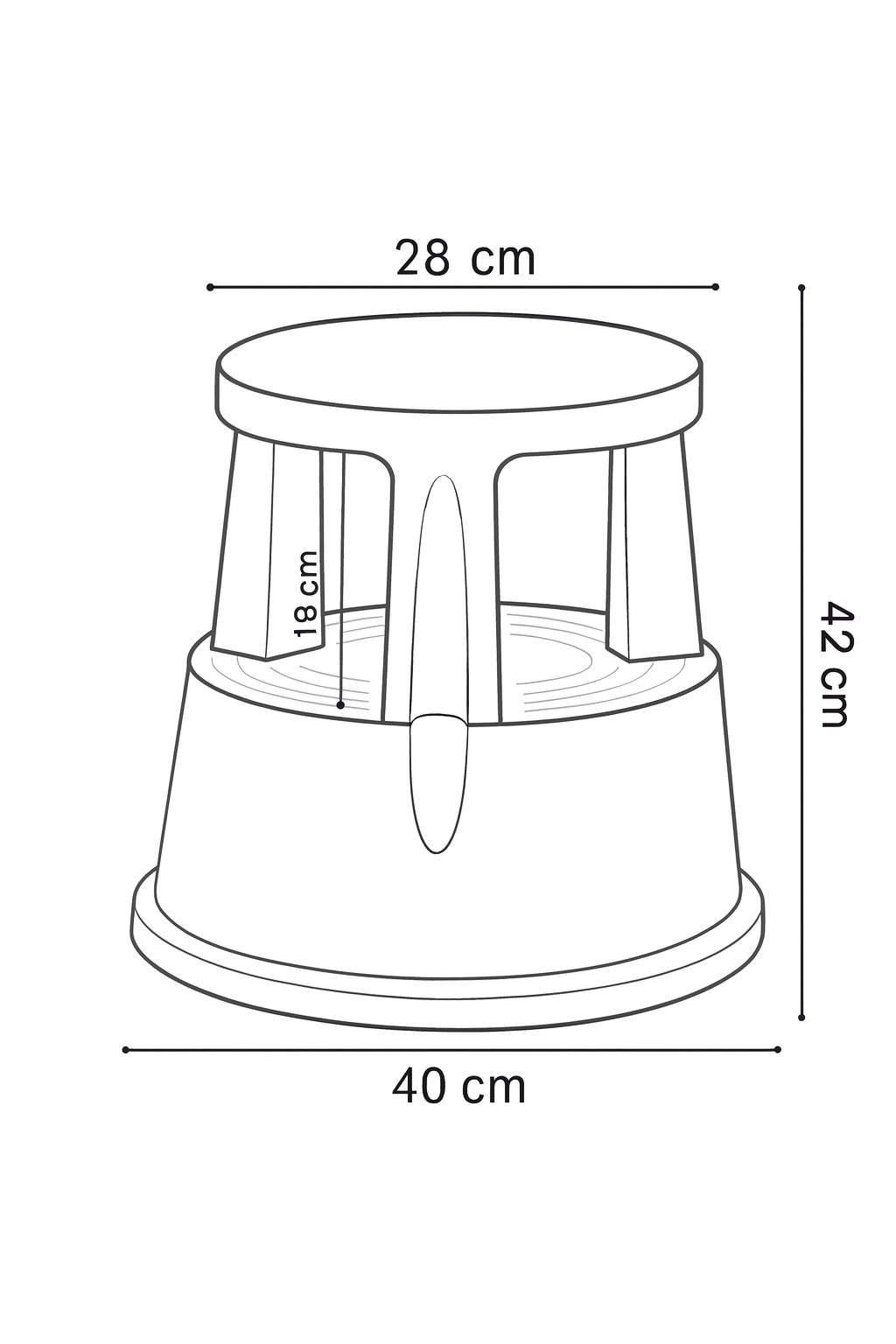 Kick step stool dimension diagram showing top, base and height measurements