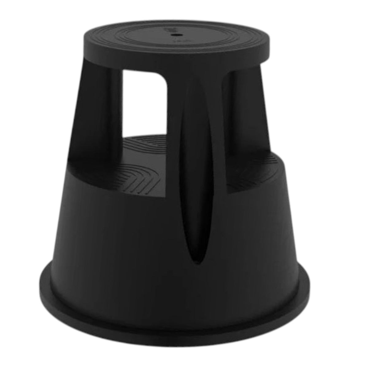 Black rolling kick step stool with a circular top and lower step