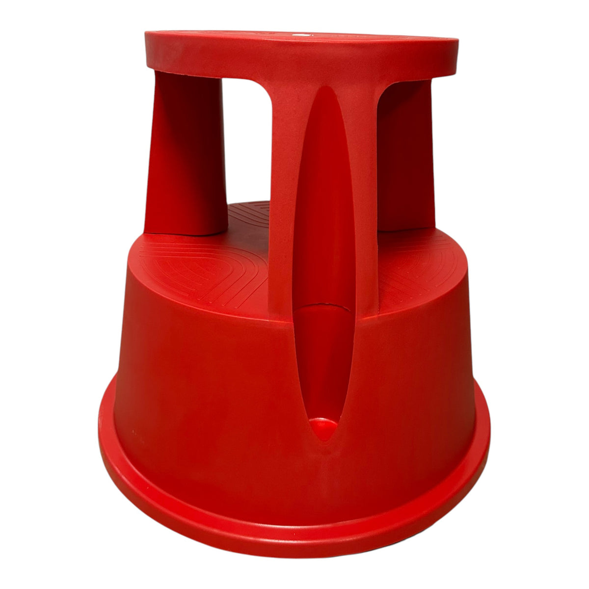 Red rolling kick step stool with a circular top and lower step