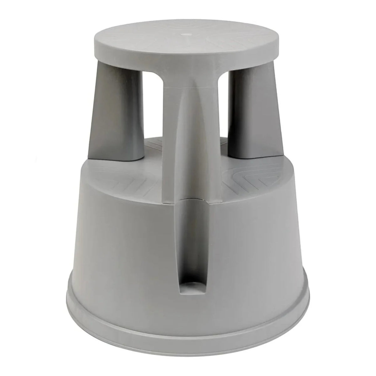 Grey rolling kick step stool with a circular top and lower step