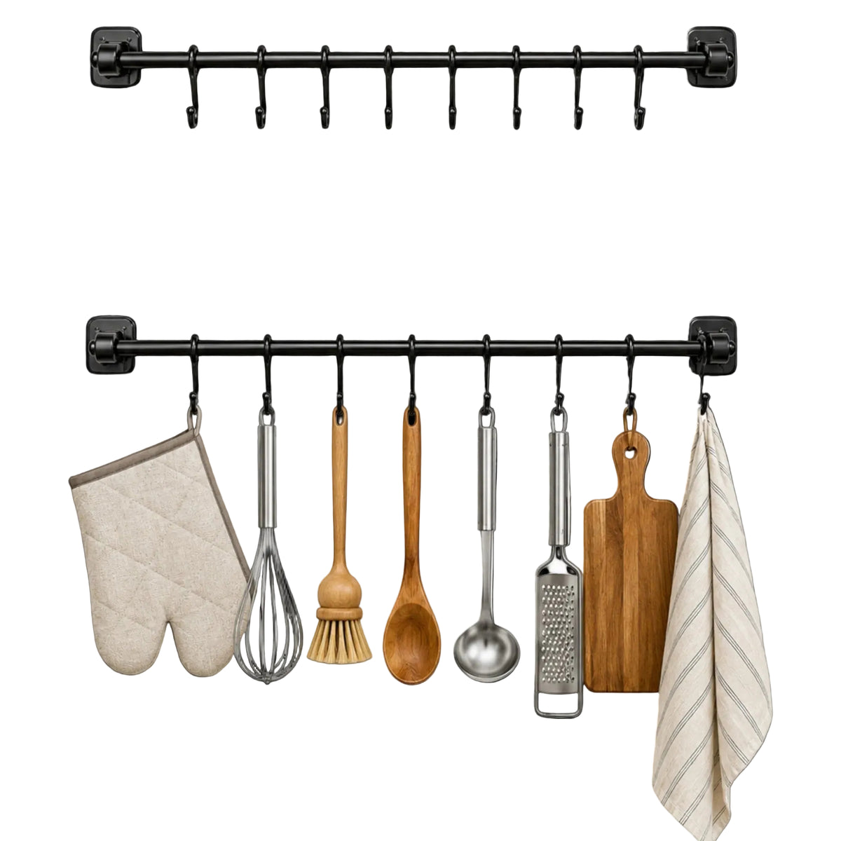 TheOwnas 56cm black aluminium kitchen utensil rail with 8 sliding hooks, shown empty and holding various utensils.