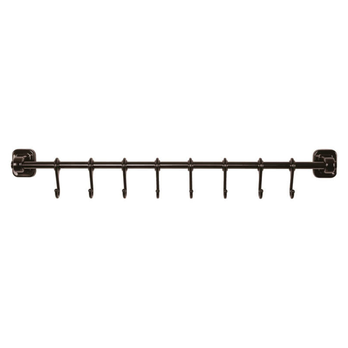 TheOwnas 56cm black aluminium kitchen utensil rail with 8 sliding S-hooks for wall-mounted storage.