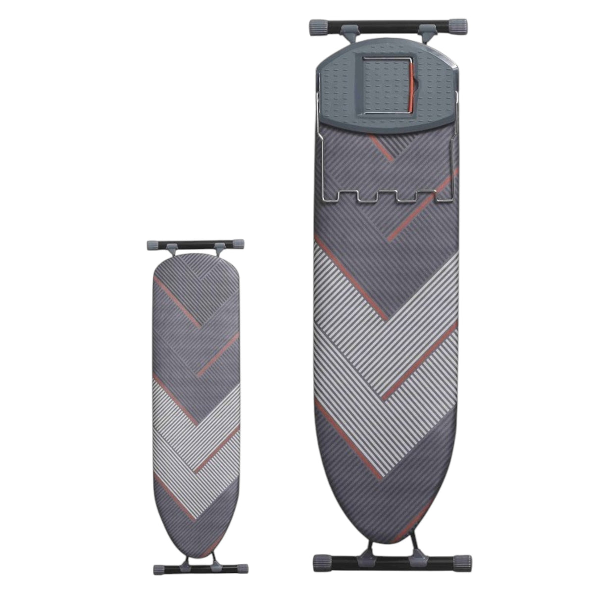 Two folded grey chevron ironing boards shown side by side for size comparison