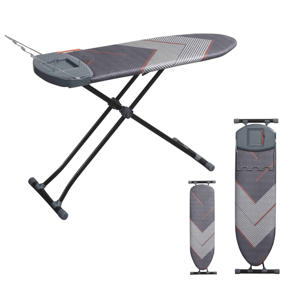 Large grey chevron ironing board shown open beside two folded-board views