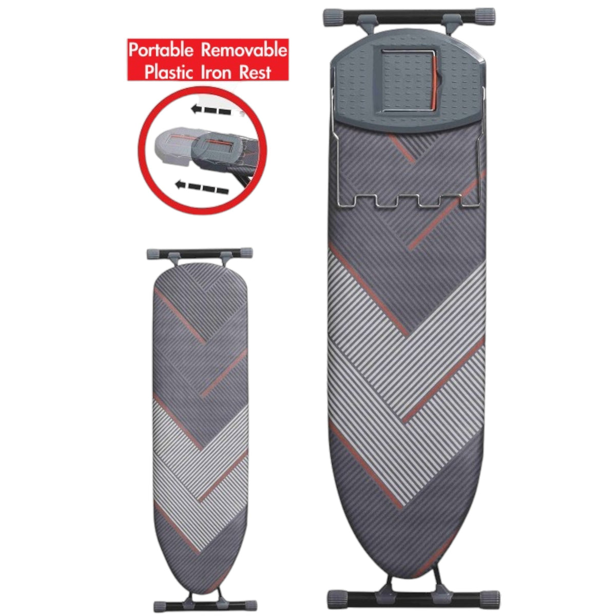 Folded grey chevron ironing boards with a close-up of the plastic leg joint