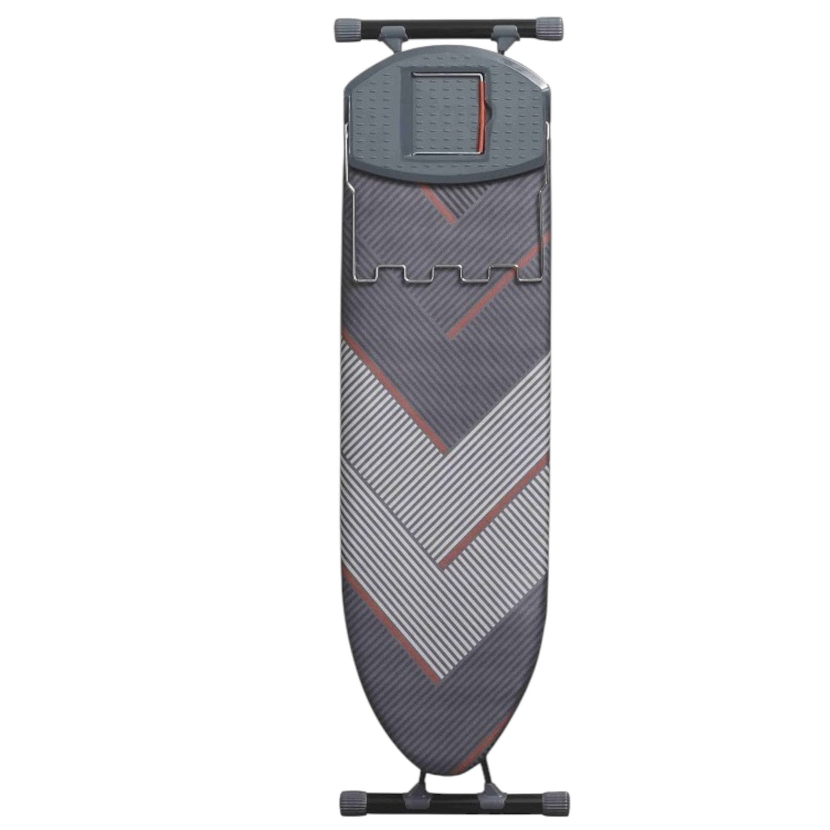 Front view of a folded large ironing board with a grey chevron-pattern cover