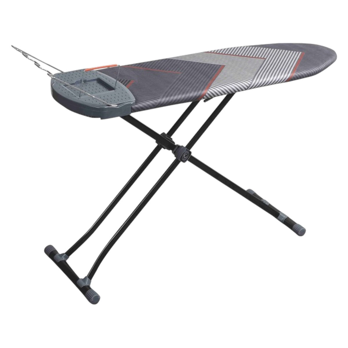 Open large ironing board with grey chevron cover, iron rest and black crossed legs