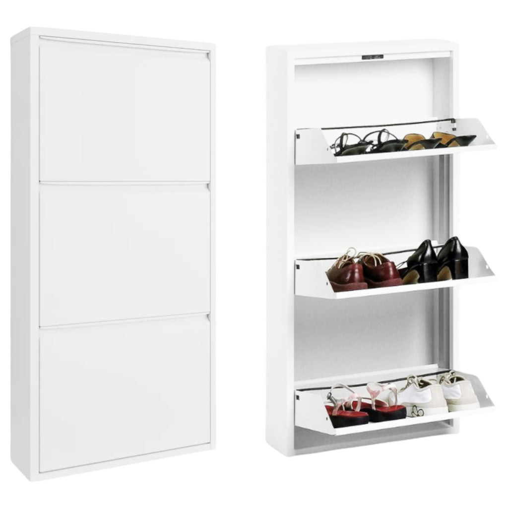 Slim Metal Shoe Cabinet White – Compact 3-Tier Shoe Rack for Space-Saving Storage