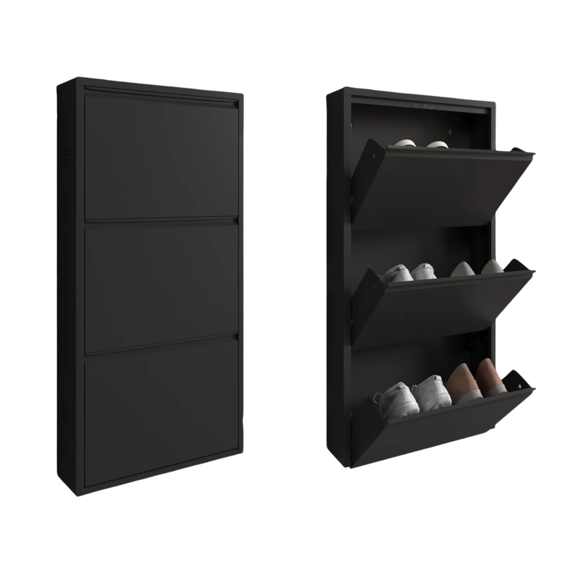 Slim Metal Shoe Cabinet Black – Compact 3-Tier Shoe Rack for Space-Saving Storage