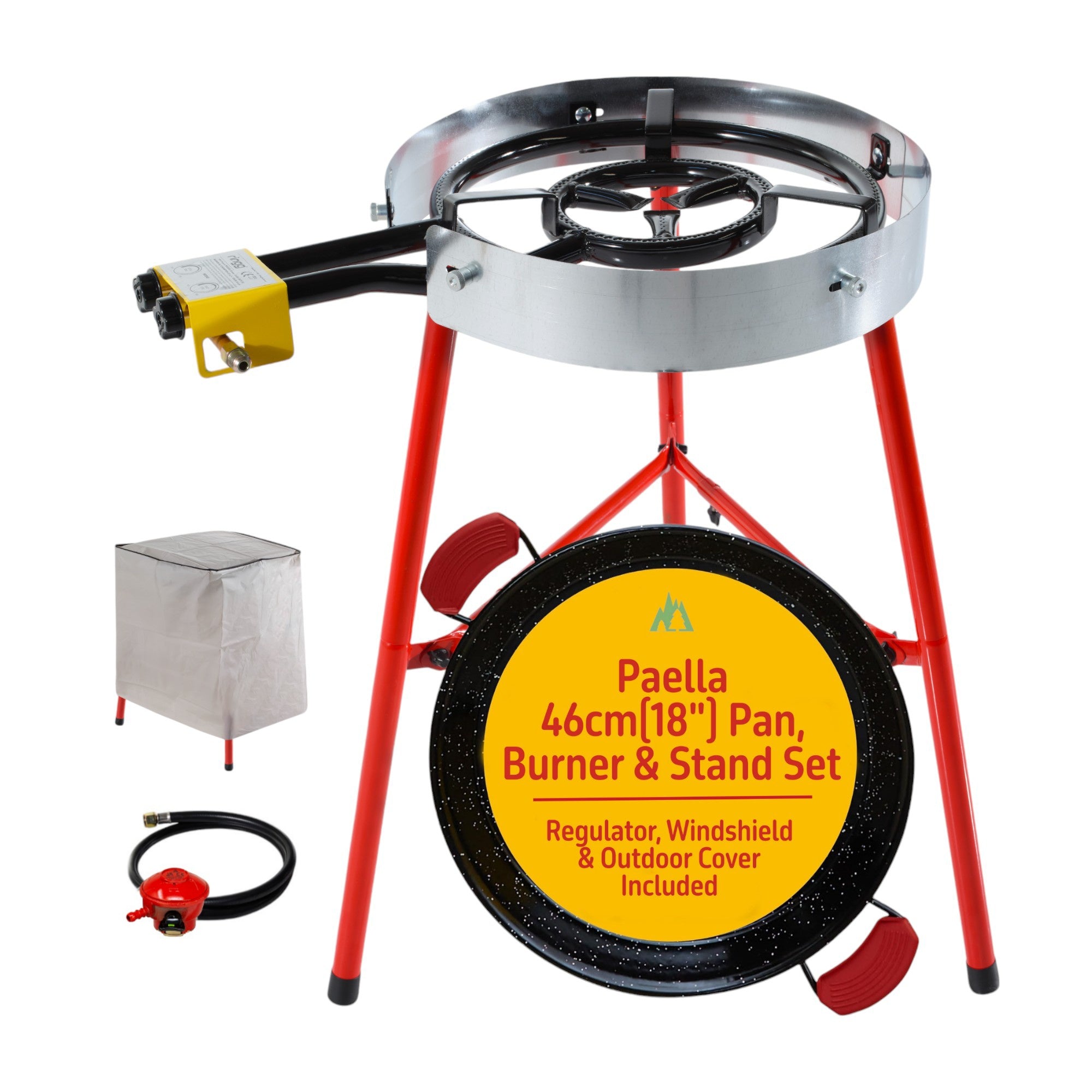 Paella Cooking Set. 12 Servings (46cm, 18") Paella Pan & Gas Burner & Tripod Stand Full Kit.