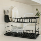 2-Tier Metal Dish Drainer Rack – Rustproof Drying Rack with Drip Tray & Utensil Holder