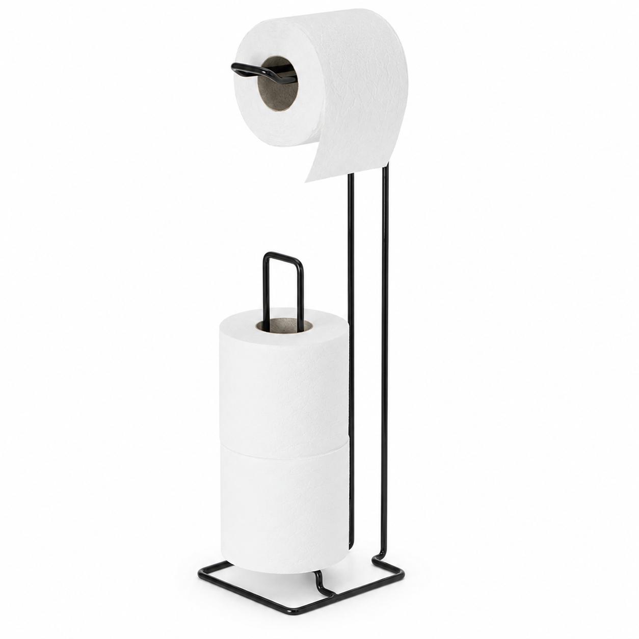 Freestanding Black Toilet Paper Holder with Storage – Metal Bathroom Stand