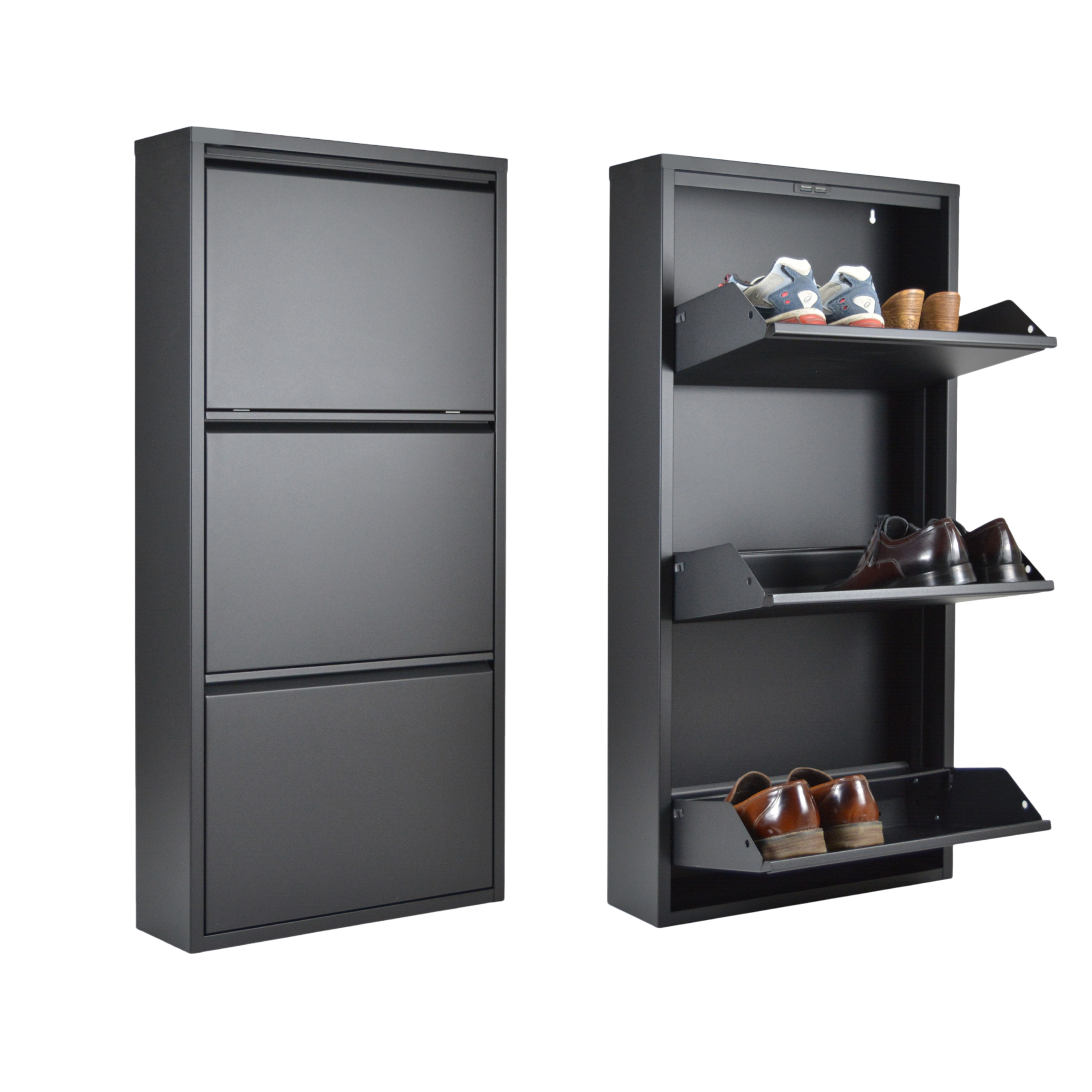 Slim Metal Shoe Cabinet Anthracite – Compact 3-Tier Shoe Rack for Space-Saving Storage