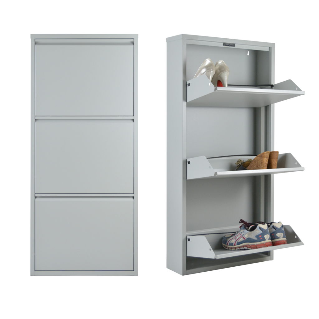 Slim Metal Shoe Cabinet Grey – Compact 3-Tier Shoe Rack for Space-Saving Storage
