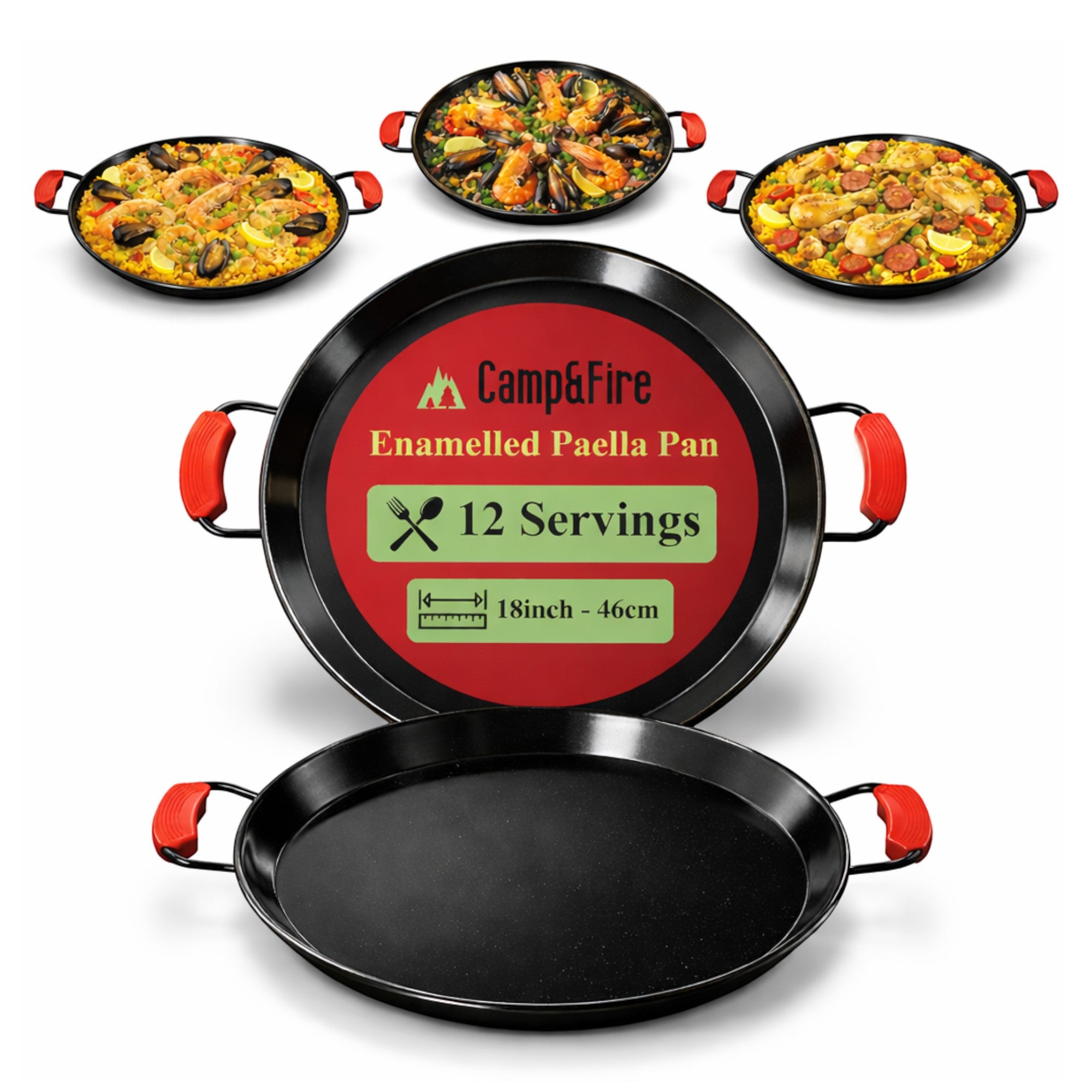 Enamelled Paella Pan. Non-Stick Carbon Steel with Silicone Handles.