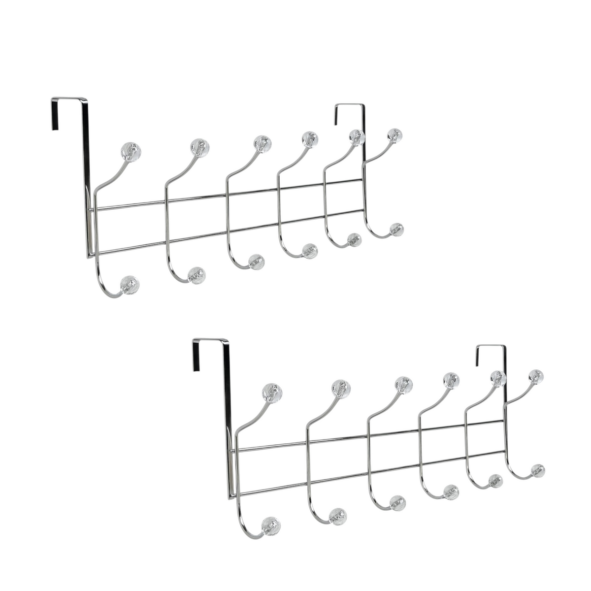 Set of two chrome over-door rails, each with six double hooks