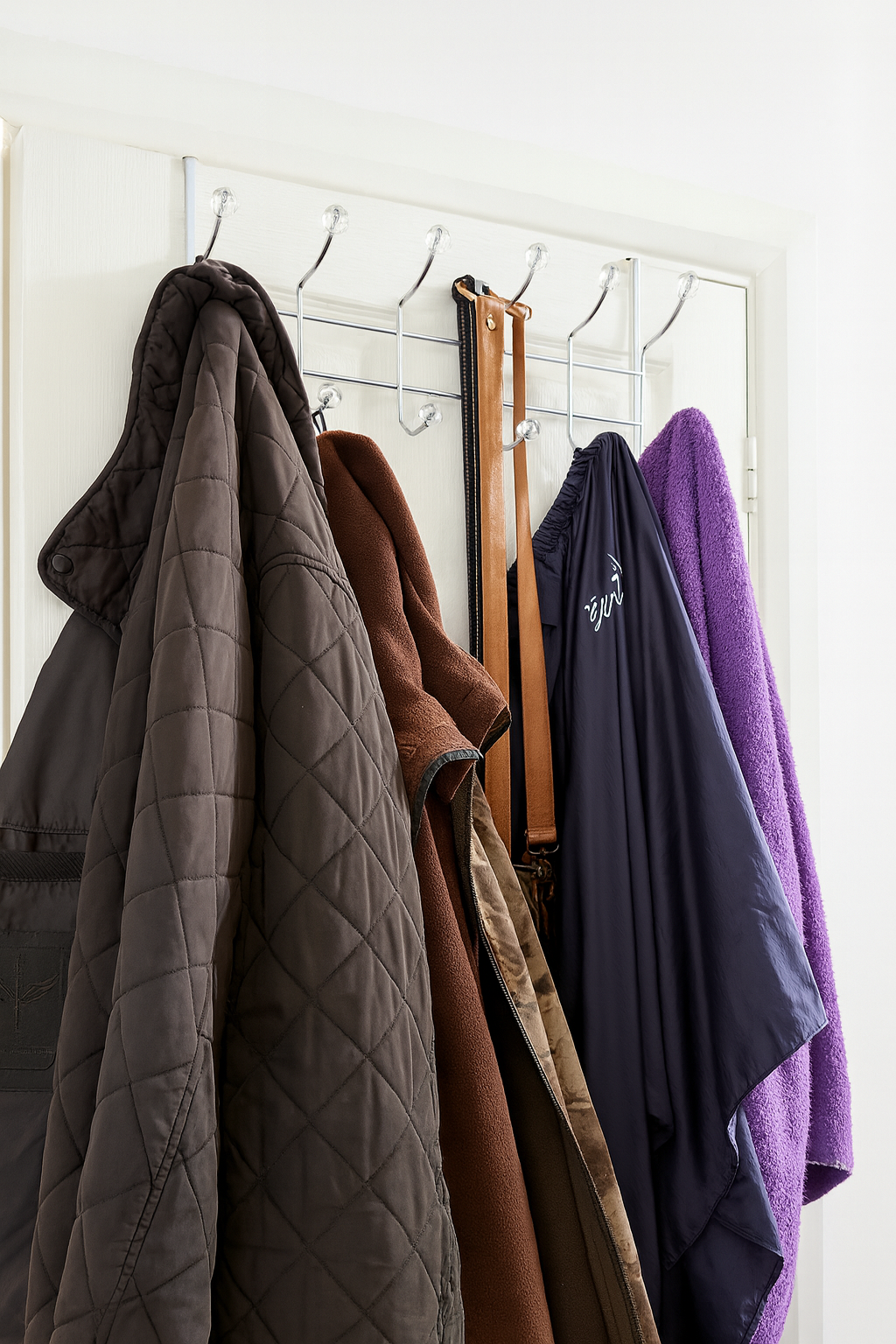 Chrome over-door coat rail holding coats and scarves