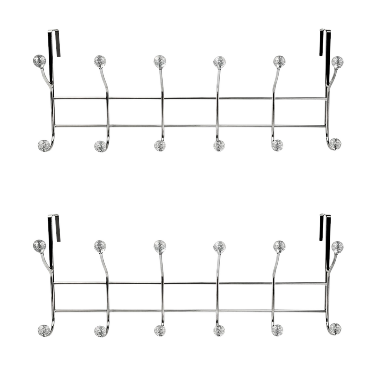 Front view of two chrome over-door hook rails