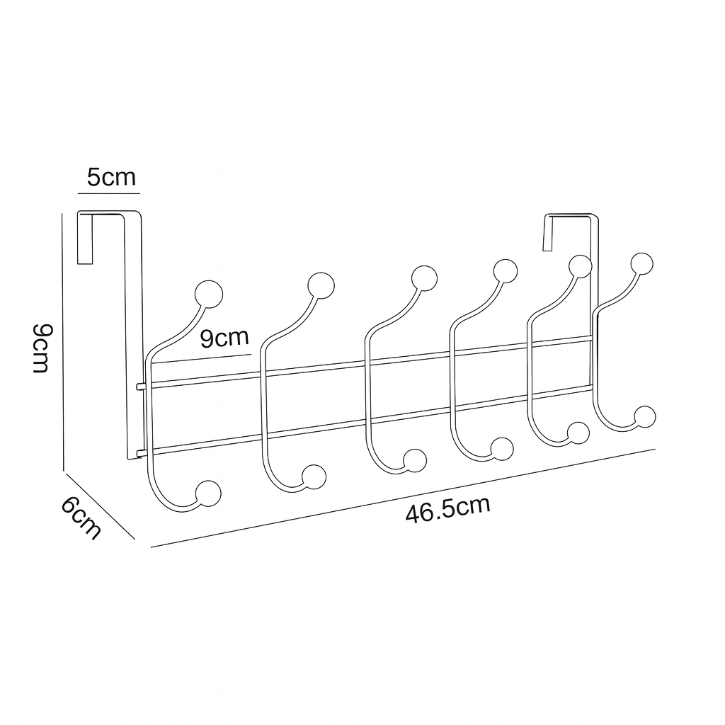 Dimension diagram of a chrome over-door hook rail from the two-piece set