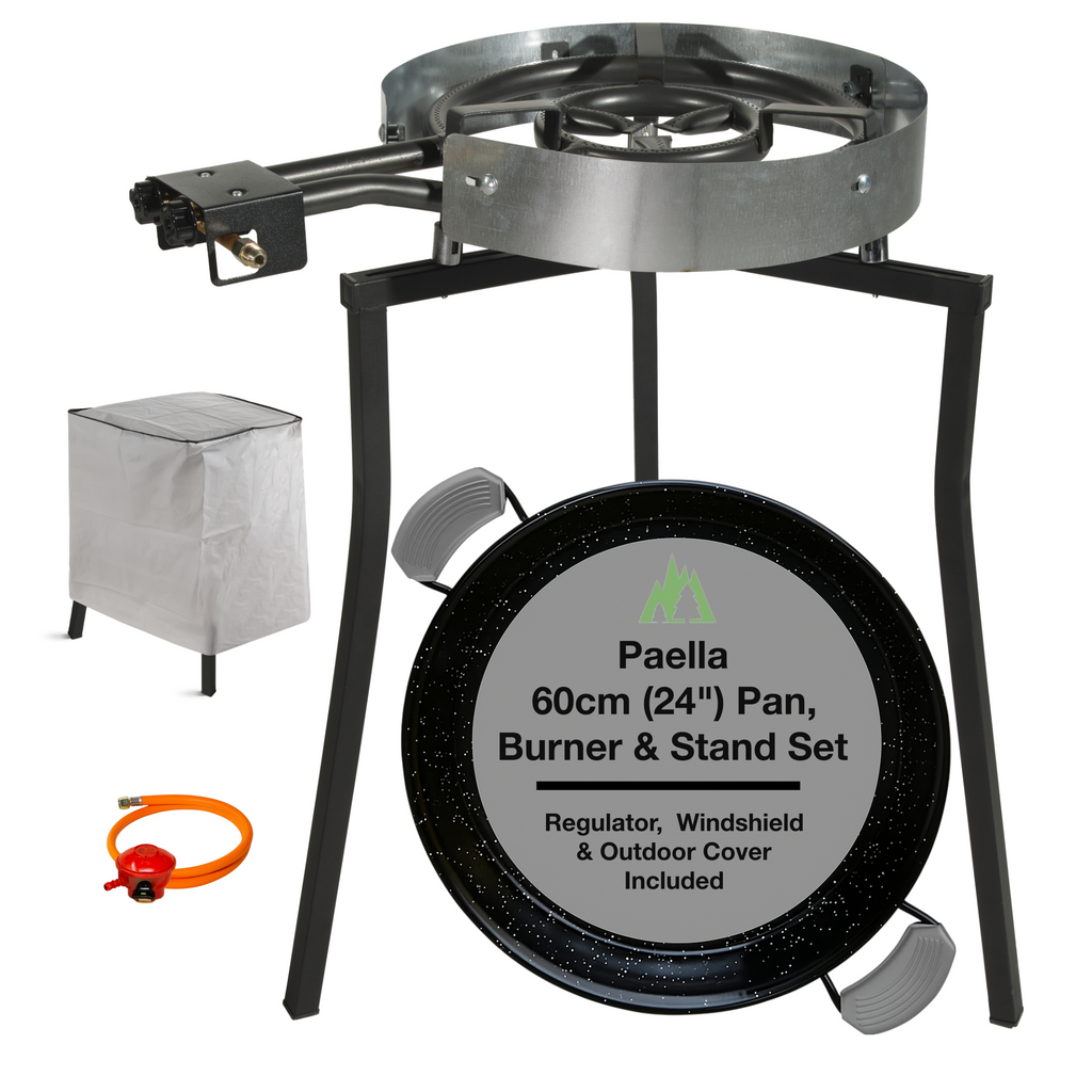 Paella Cooking Set. 20 Serving (60cm,24") – Paella Pan, Gas Burner & Tripod Stand – Full Outdoor Cooking Kit