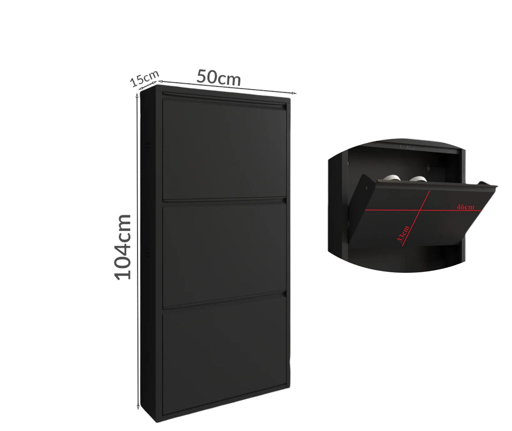 Slim Metal Shoe Cabinet Black – Compact 3-Tier Shoe Rack for Space-Saving Storage