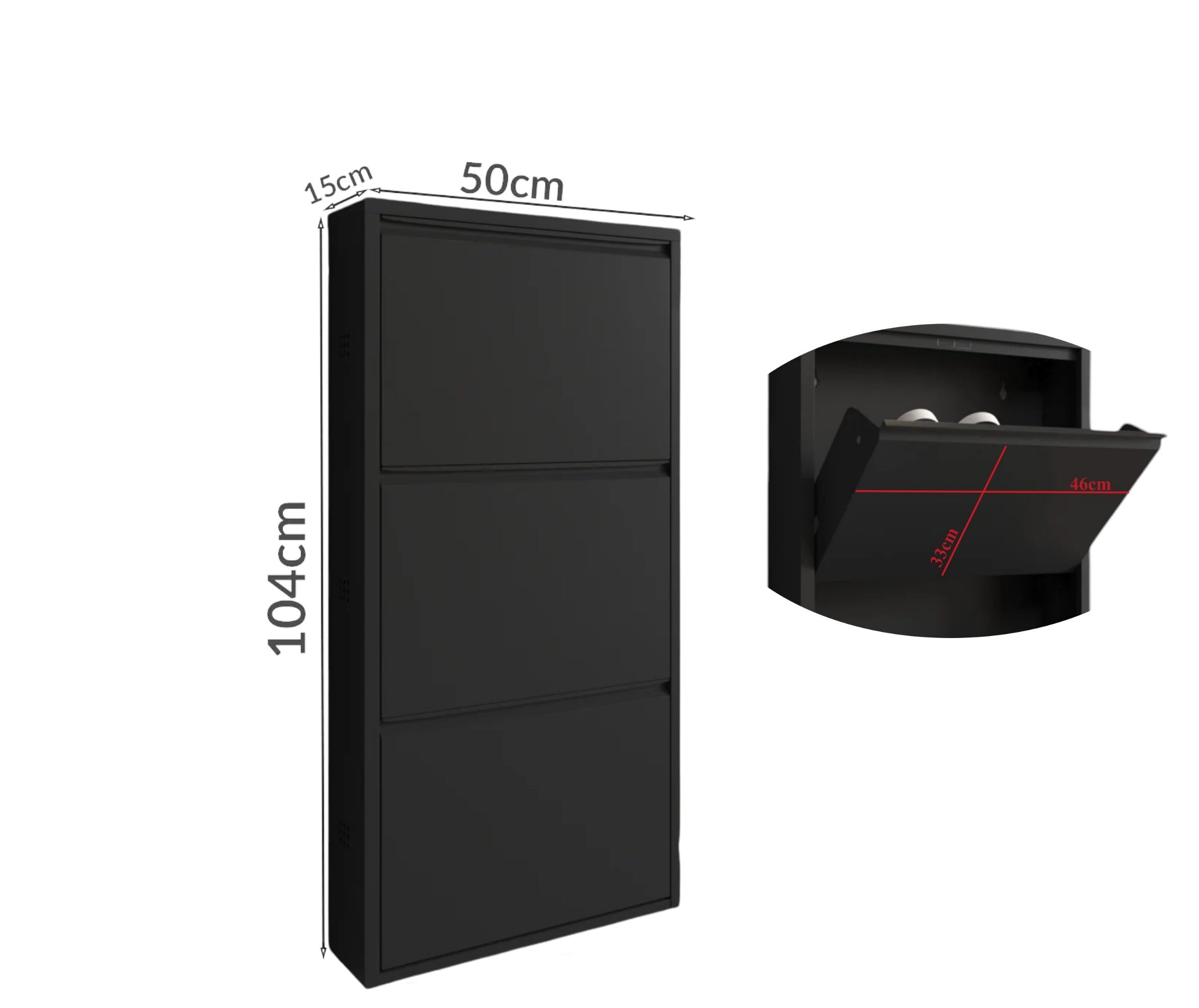 Slim Metal Shoe Cabinet Black – Compact 3-Tier Shoe Rack for Space-Saving Storage