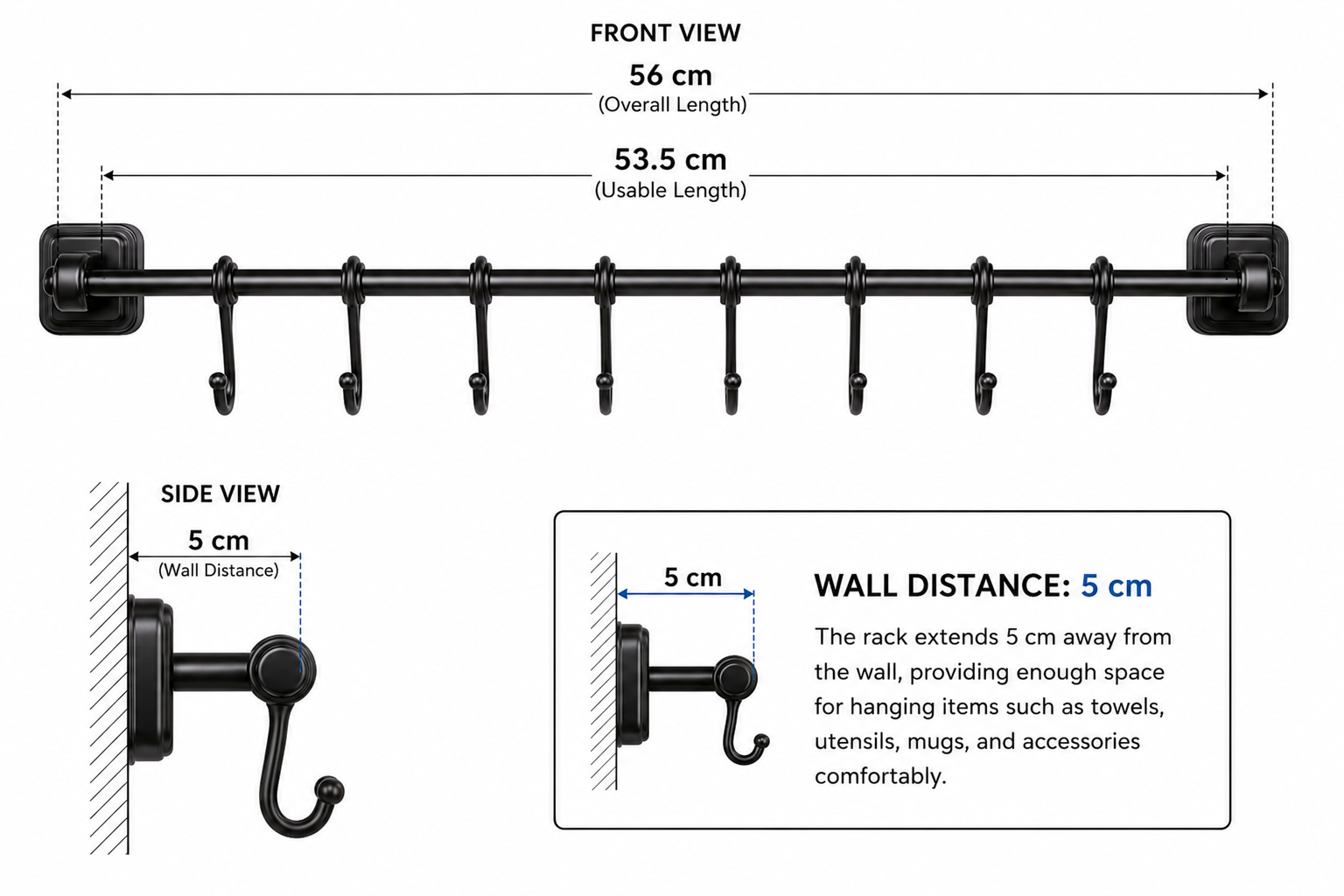 Kitchen Utensil Hanging Rail – 8 Hooks Wall Mounted 56cm No Drill Storage Rack for Kitchen & Bathroom