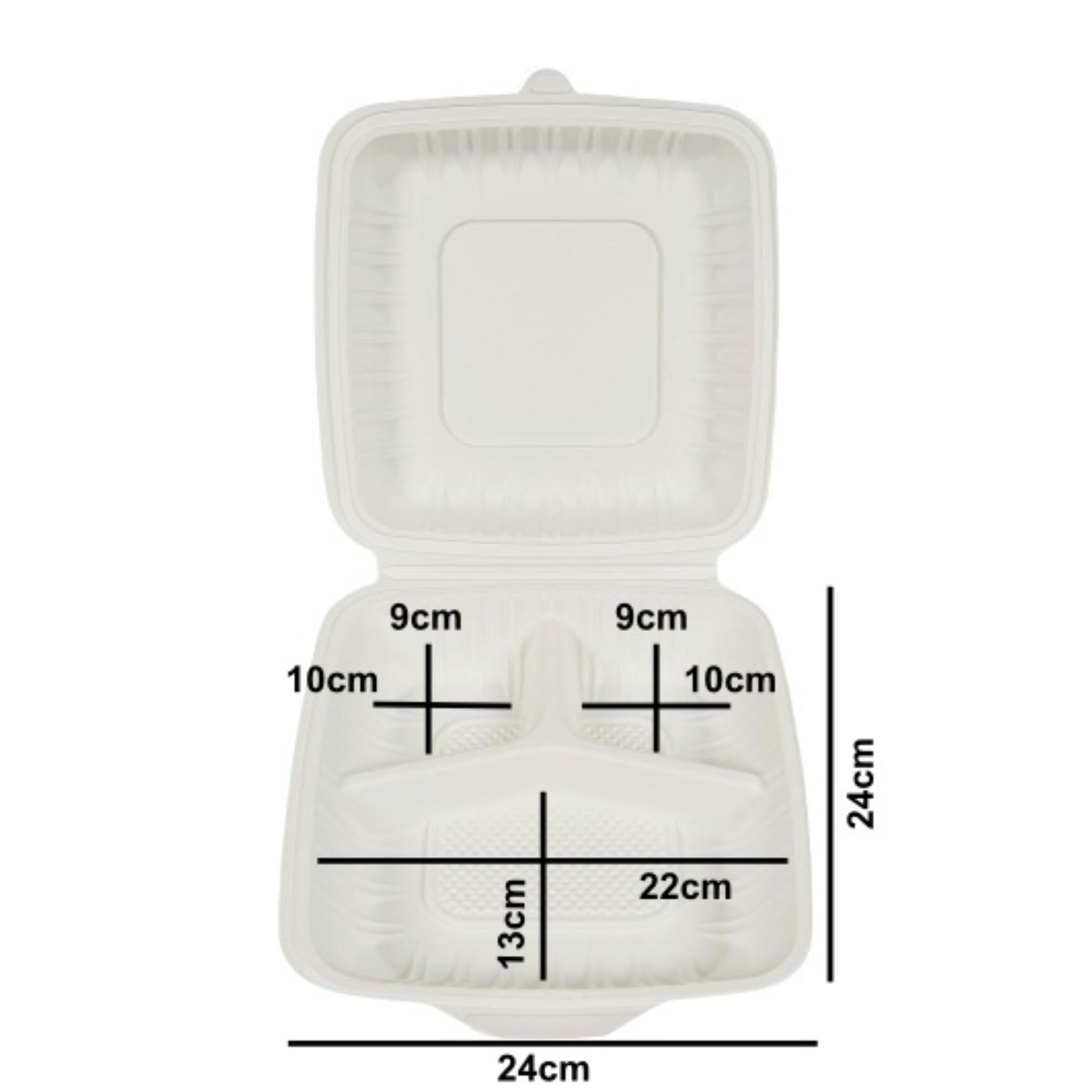 3 Compartment Large Takeaway Boxes. Square (24x24) Eco-Friendly Food Containers.