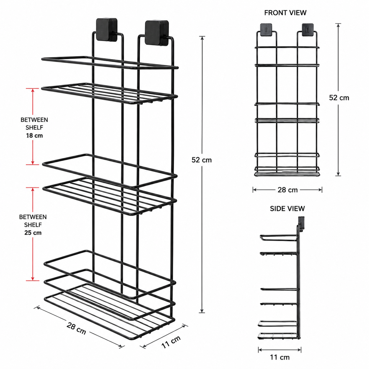 3-Tier Bathroom Rectangular Shower Caddy – No Drill Adhesive Wall-Mounted Metal Bathroom Organiser