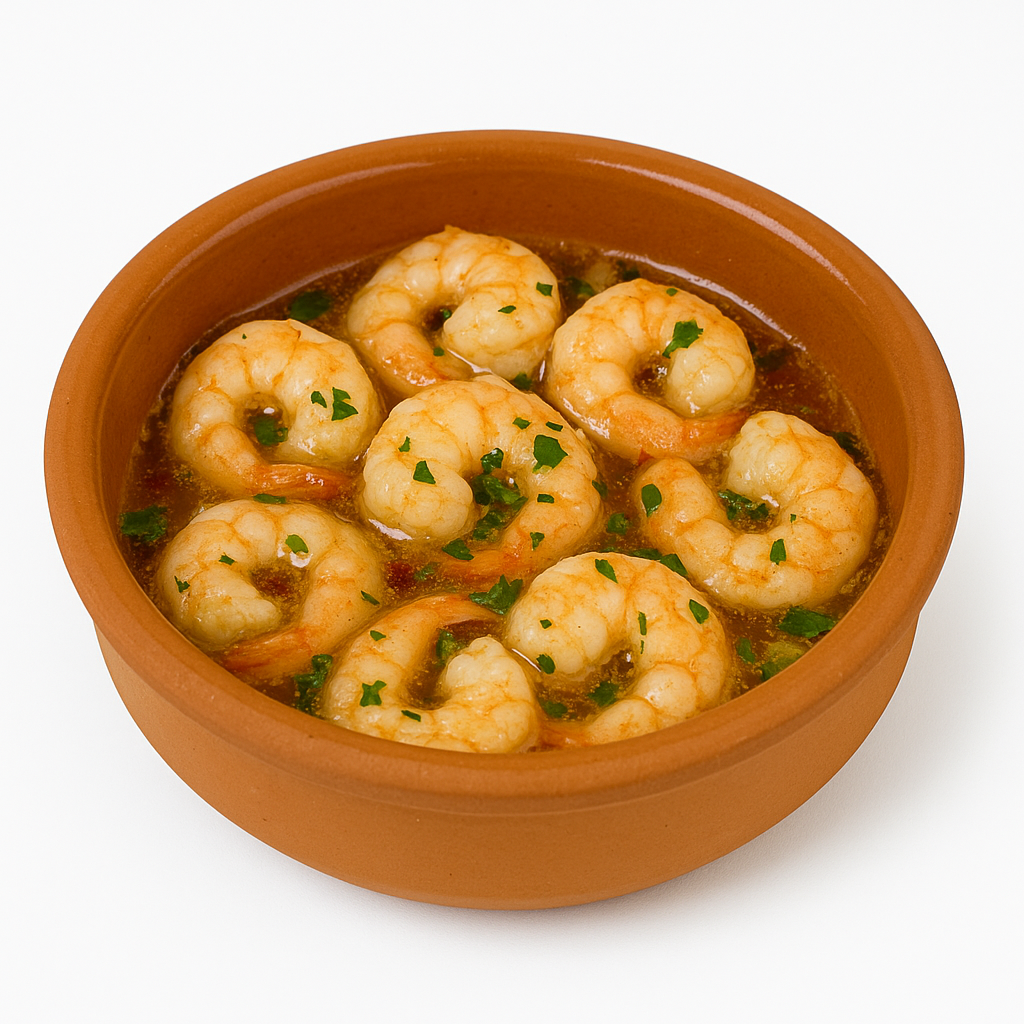 Terracotta tapas dish holding prawns with herbs