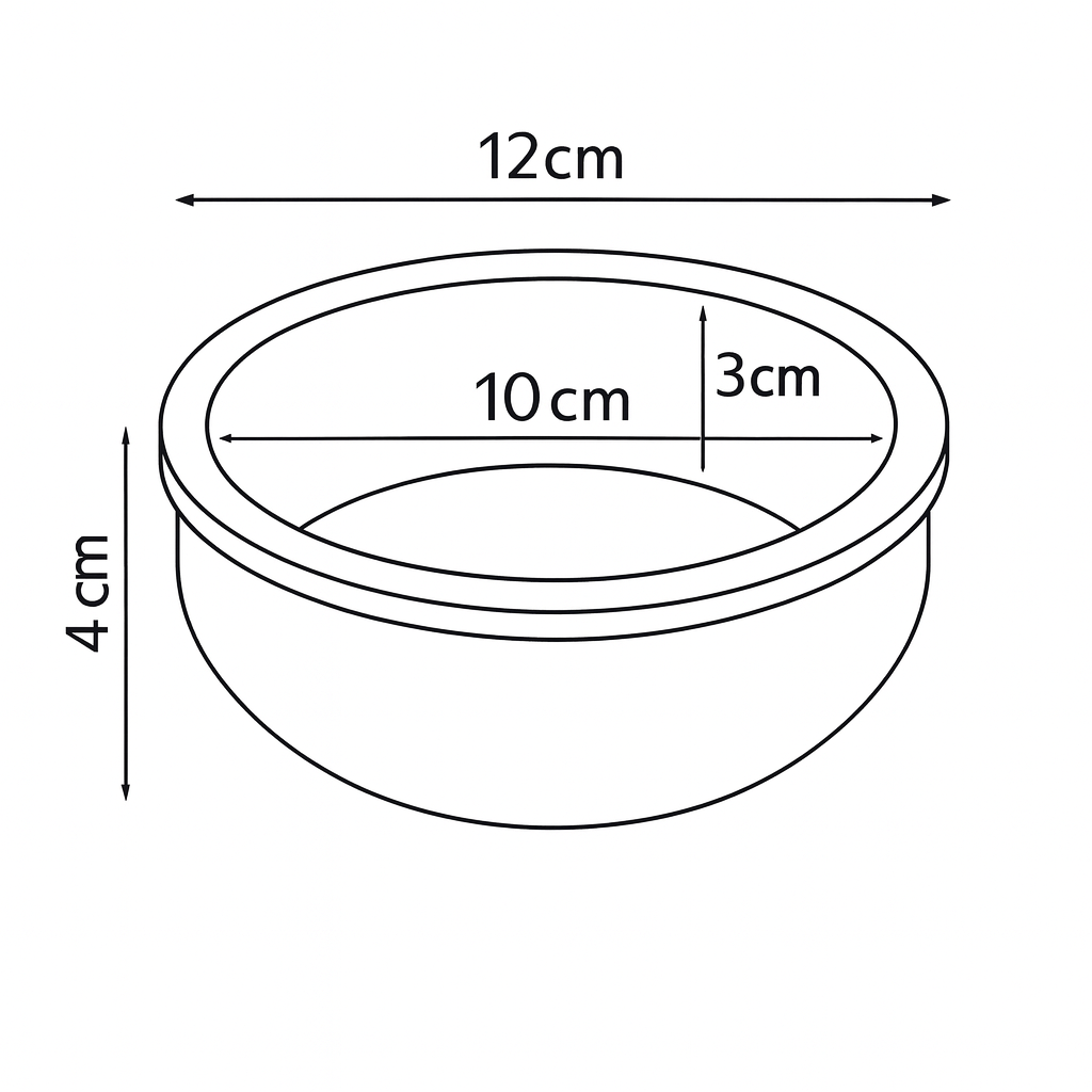 Dimension diagram showing the inner and outer measurements of a 12cm terracotta dish