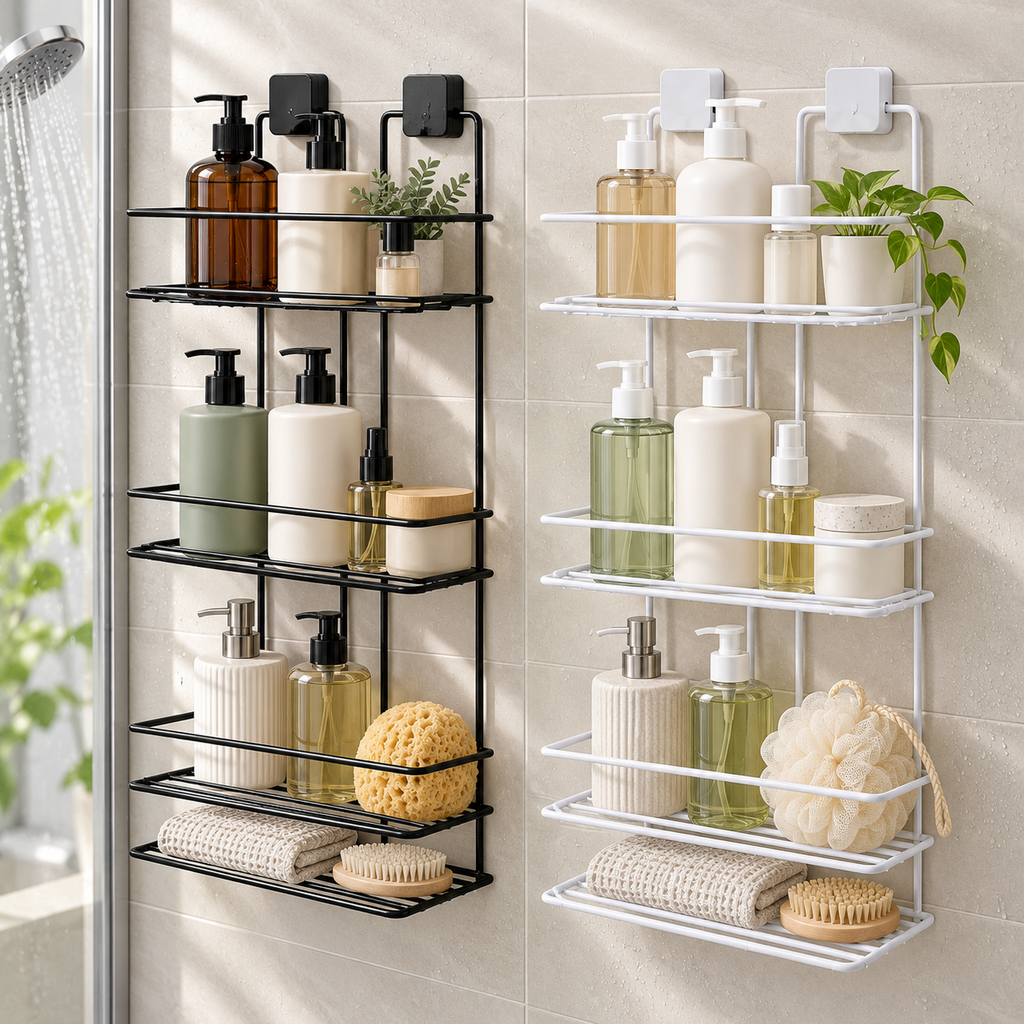 TheOwnas 3-tier rectangular shower caddy in black and white, featuring rust-resistant metal for bathroom storage.