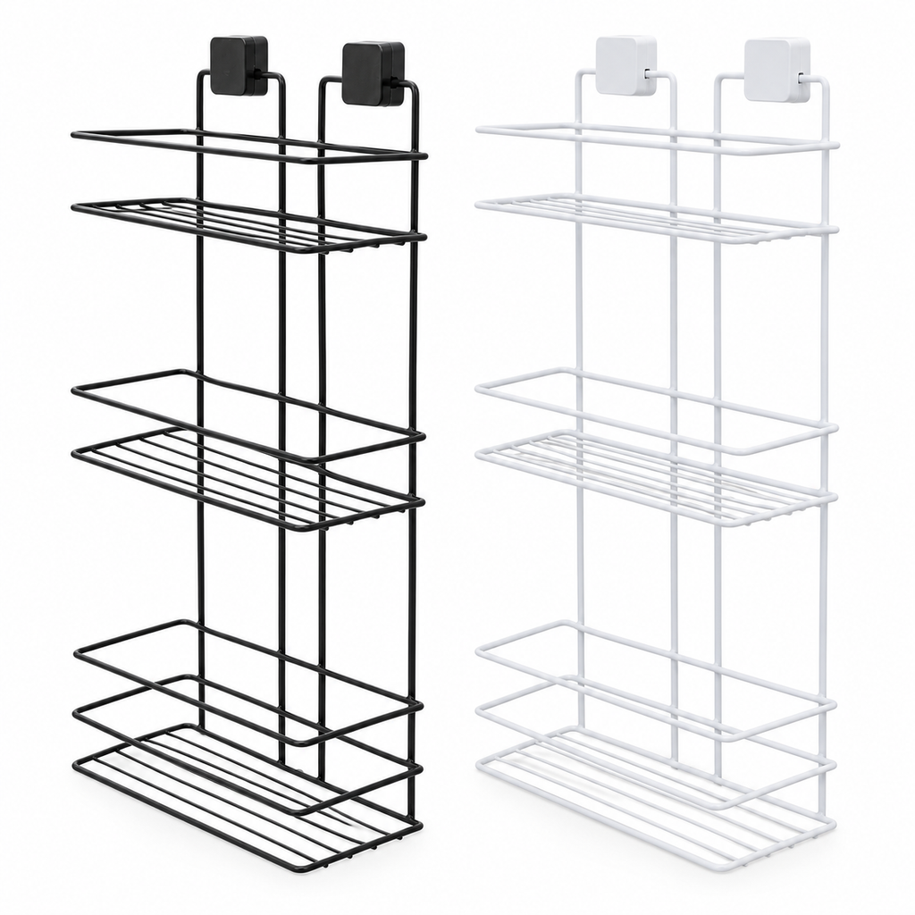 TheOwnas 3-tier rectangular shower caddy set in black and white rust-resistant metal with adhesive wall mounts.