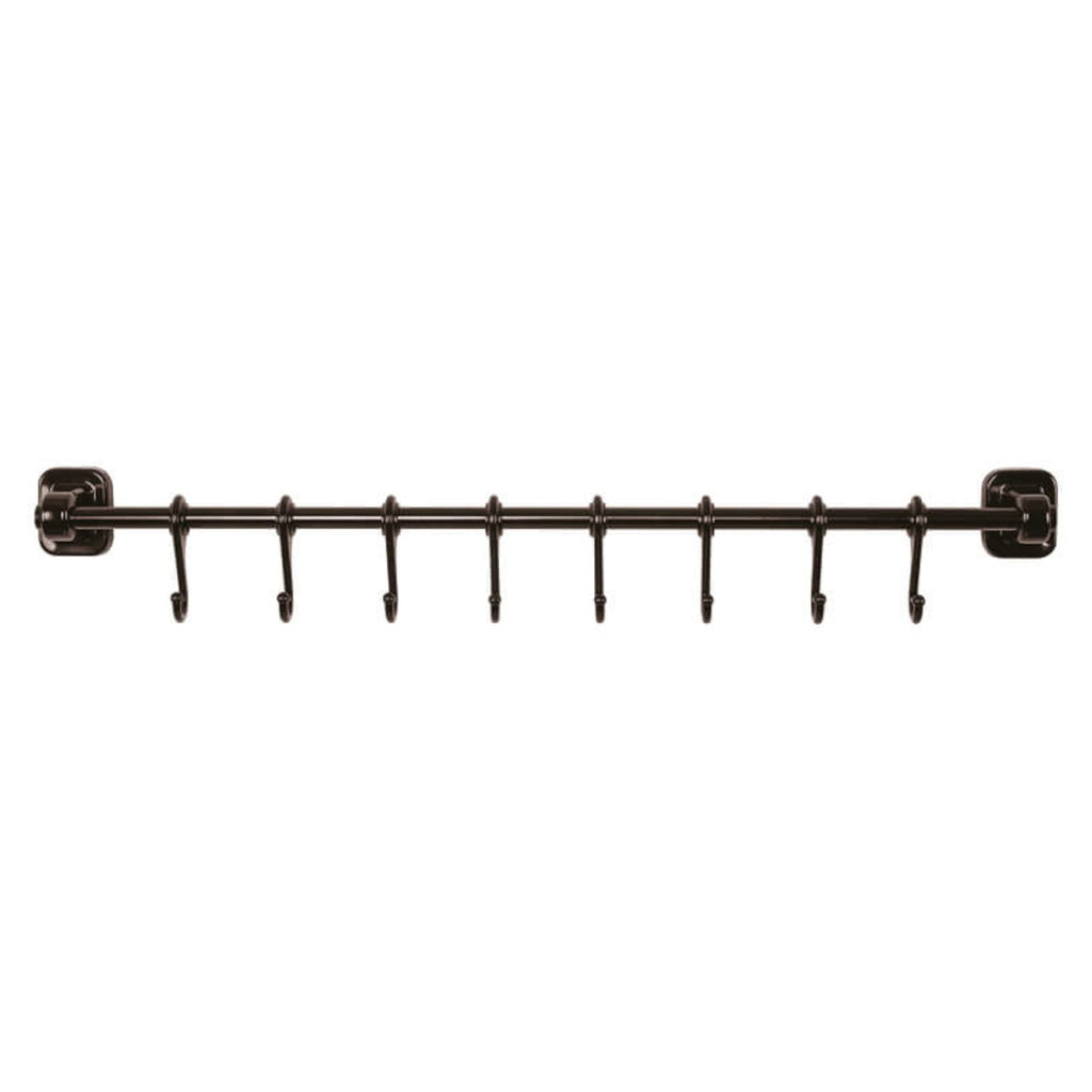 TheOwnas 56cm black aluminium kitchen utensil rail with 8 sliding S-hooks for wall-mounted storage.
