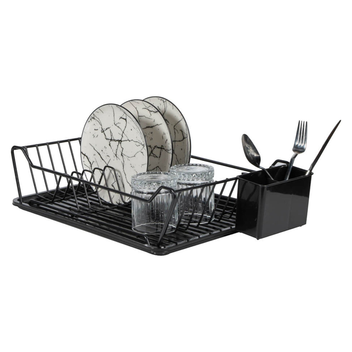 TheOwnas large black metal dish drainer rack with a drip tray and a separate cutlery holder for kitchen organization.