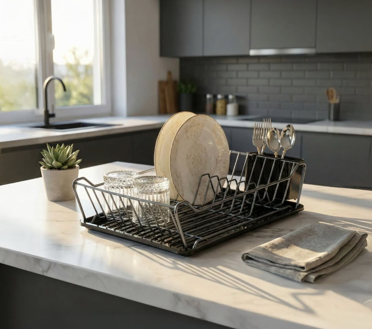 TheOwnas large black metal dish drainer rack with a drip tray and cutlery holder on a marble kitchen countertop.