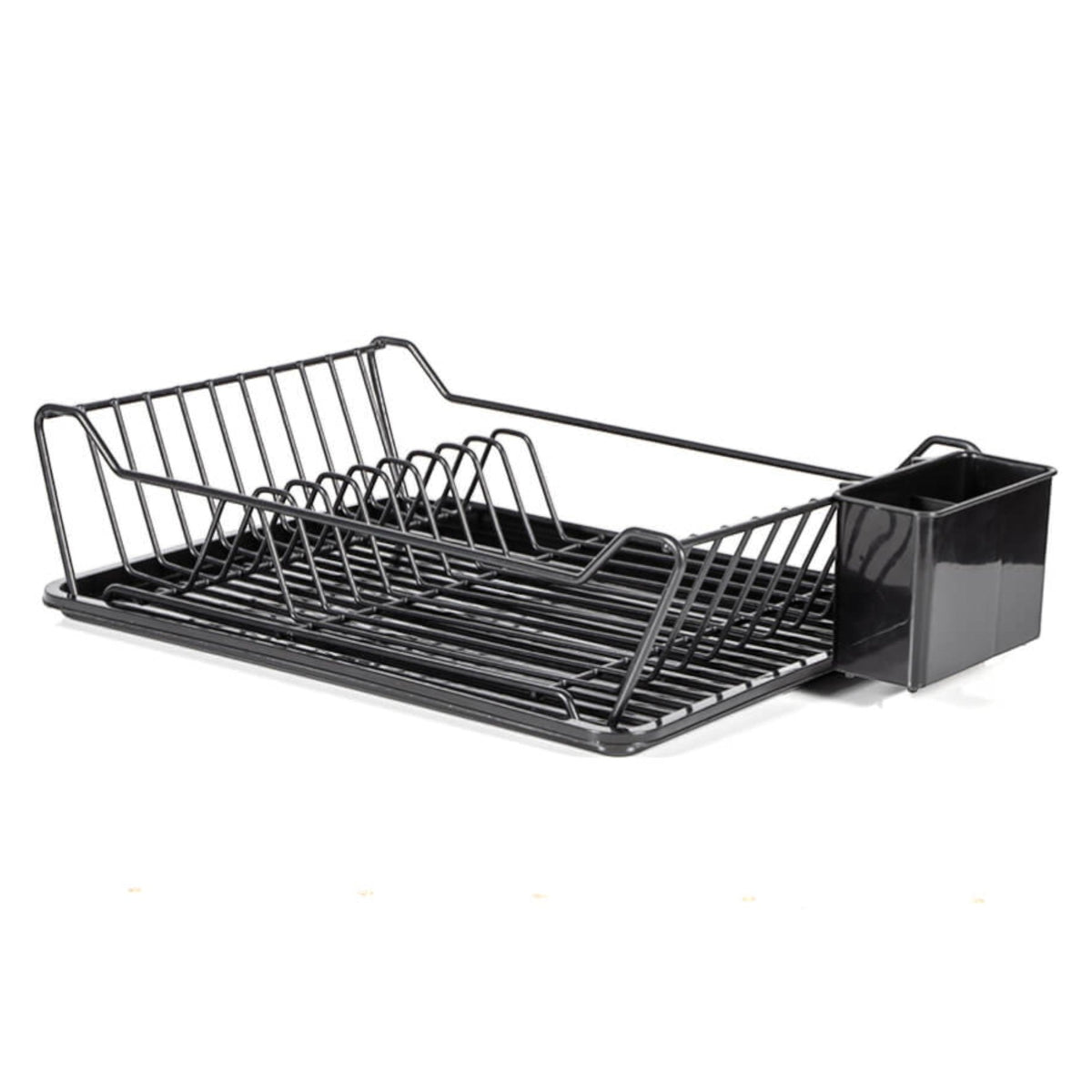 TheOwnas large black metal dish drainer rack with a removable drip tray and a dedicated side cutlery holder.