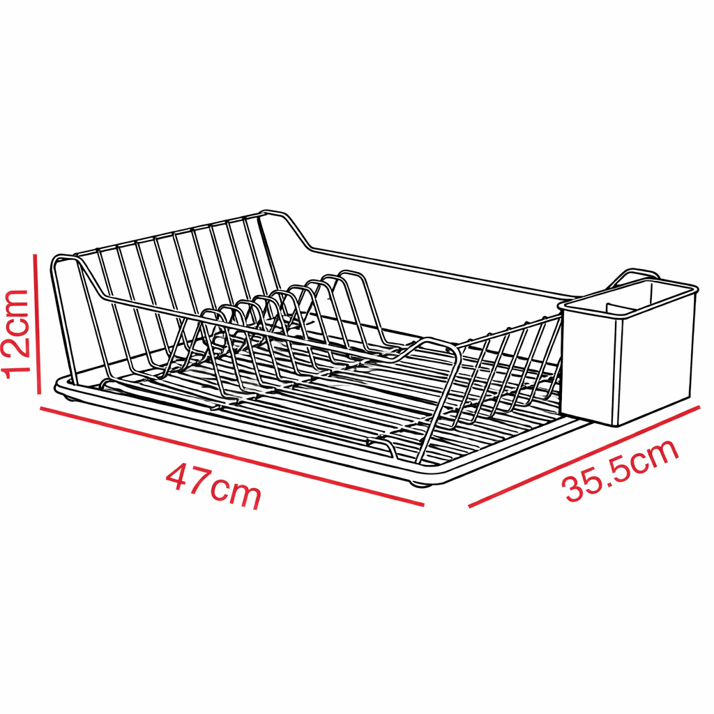 TheOwnas large black metal dish drainer rack with a drip tray and side cutlery holder, showing dimensions.